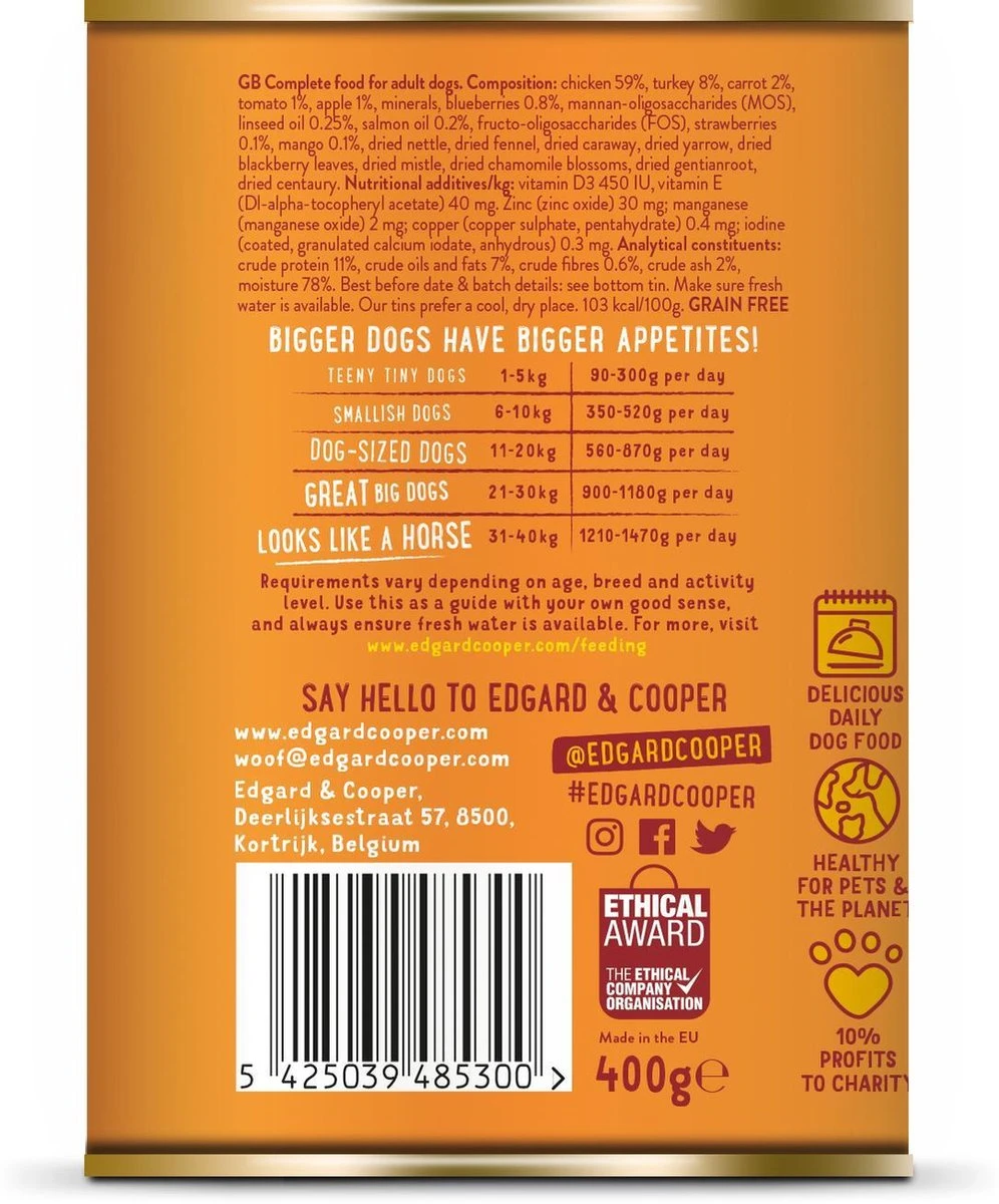Edgard & Cooper Kip & Kalkoen Blik - Voor Volwassen Honden - Hondenvoer - 12 X 400g 8 Edgard & Cooper Kip & Kalkoen Blik - Voor Volwassen Honden - Hondenvoer - 12 X 400g - Afbeelding 6